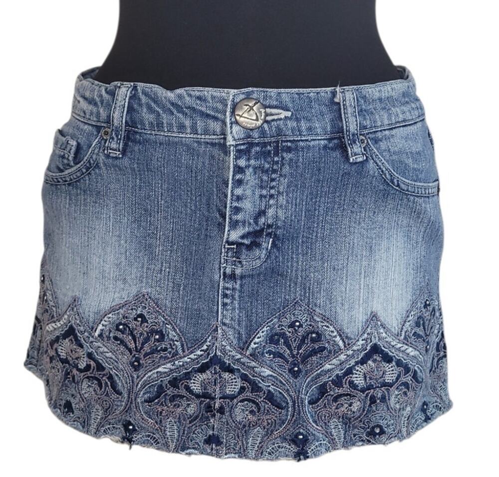 Vintage Denim Mini Skirt Jeweled Spade Embroidery Large